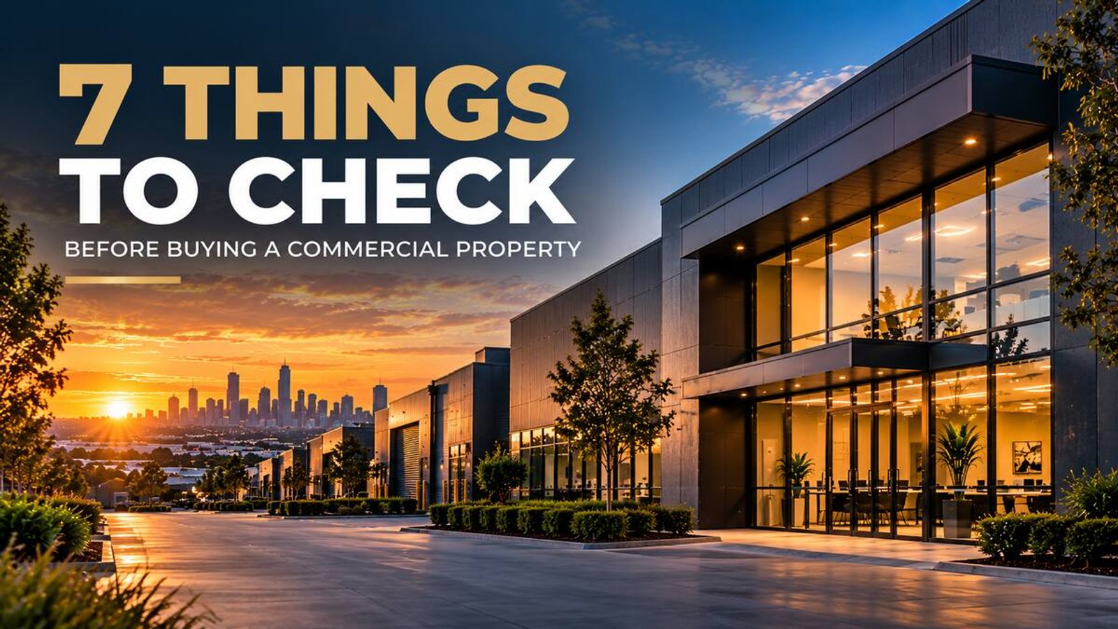 Title card reading 7 things to check before buying a commercial property, over a modern commercial building at sunset